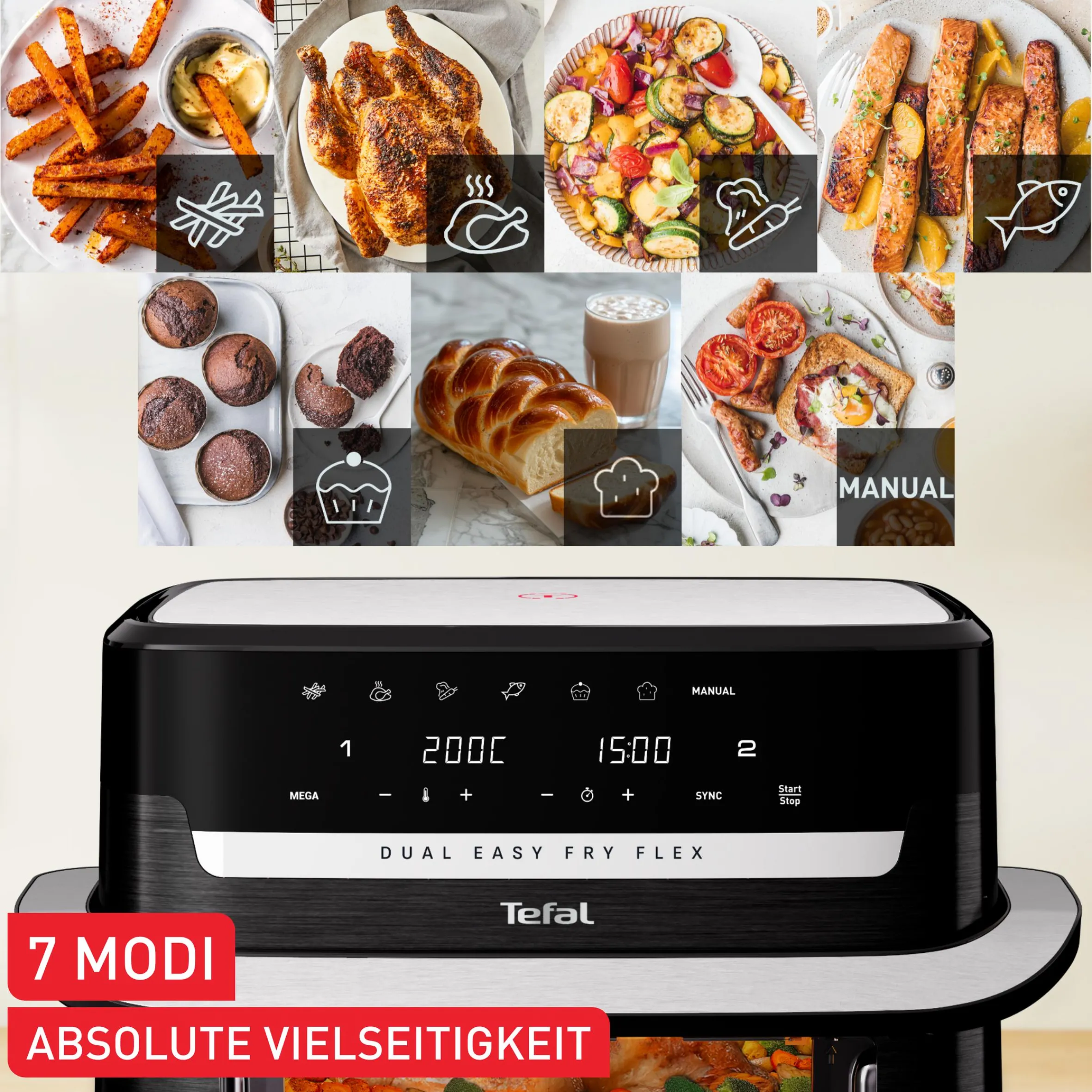 Dual Easy Fry Flex, Heißluftfritteuse, FlexCook Trennwand, 9L, EY9228|Tefal Outlet
