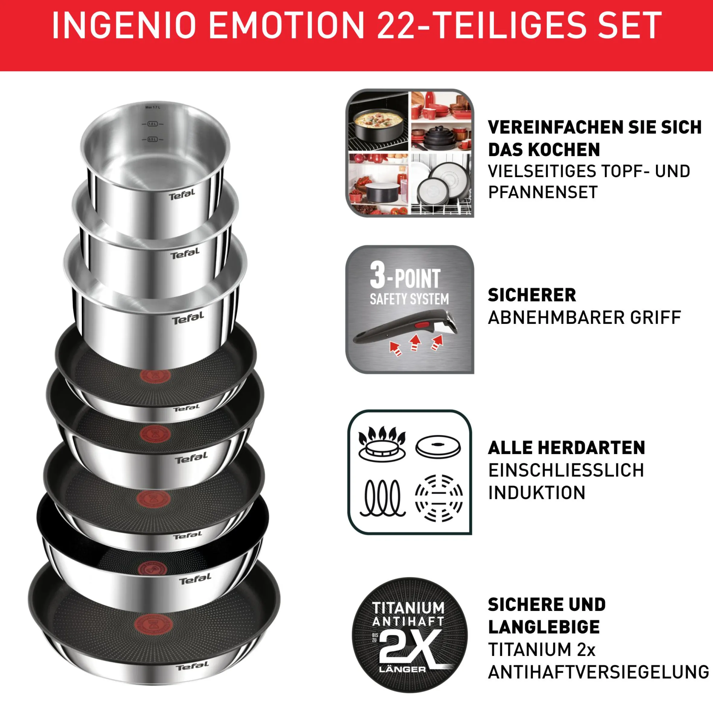 Ingenio Emotion On 22tlg. Kochgeschirr-Set aus Edelstahl L897SM|Tefal